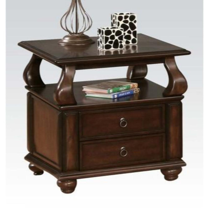 Transitional Wooden End Table with Two Drawers and Open Shelf, Walnut Brown