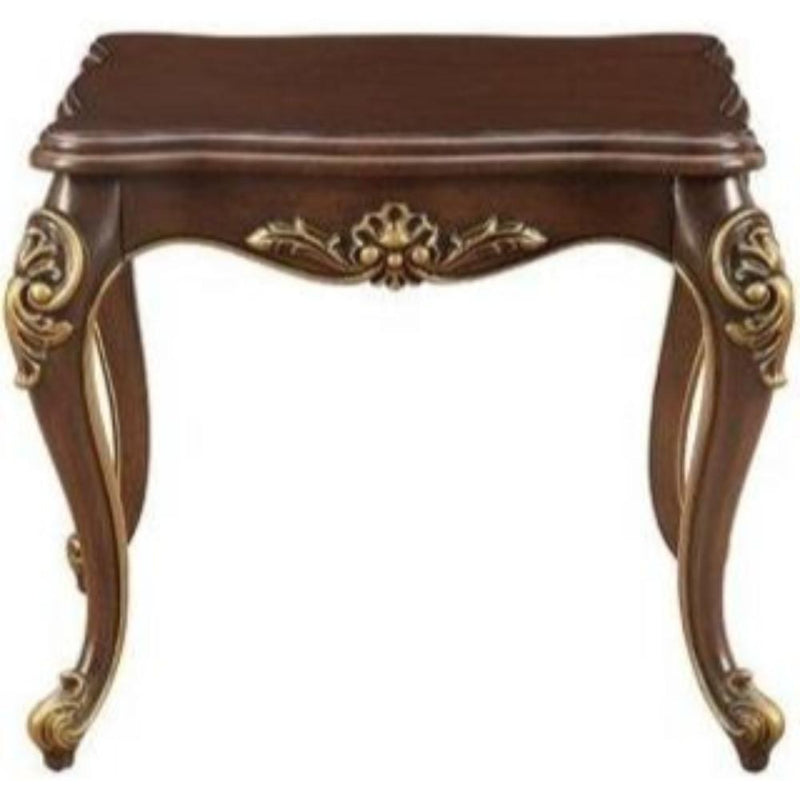 Wooden End Table with Decorative Carving Accents, Espresso Brown and Brushed Gold