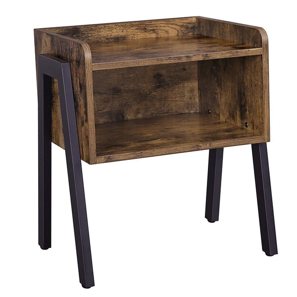 Wooden Stackable End Table with Inverted Iron Legs and Storage Compartment, Brown and Black