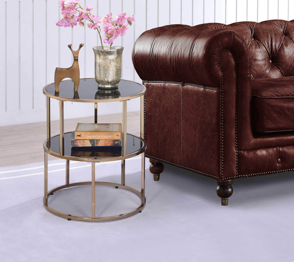 Side & End Tables Round Metal Framed Side Table with Glass Top and Open Shelve, Black and Gold Benzara