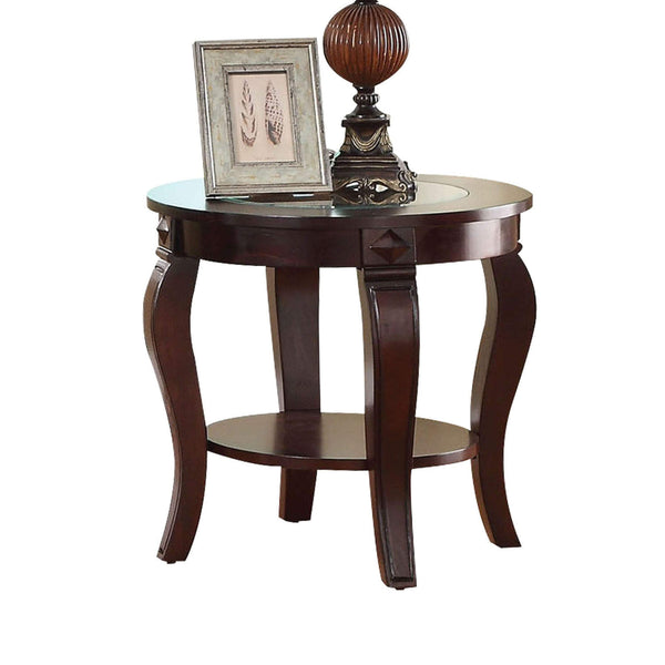 Side & End Tables Round Wooden End Table With Glass Insert Top, Walnut Brown Benzara