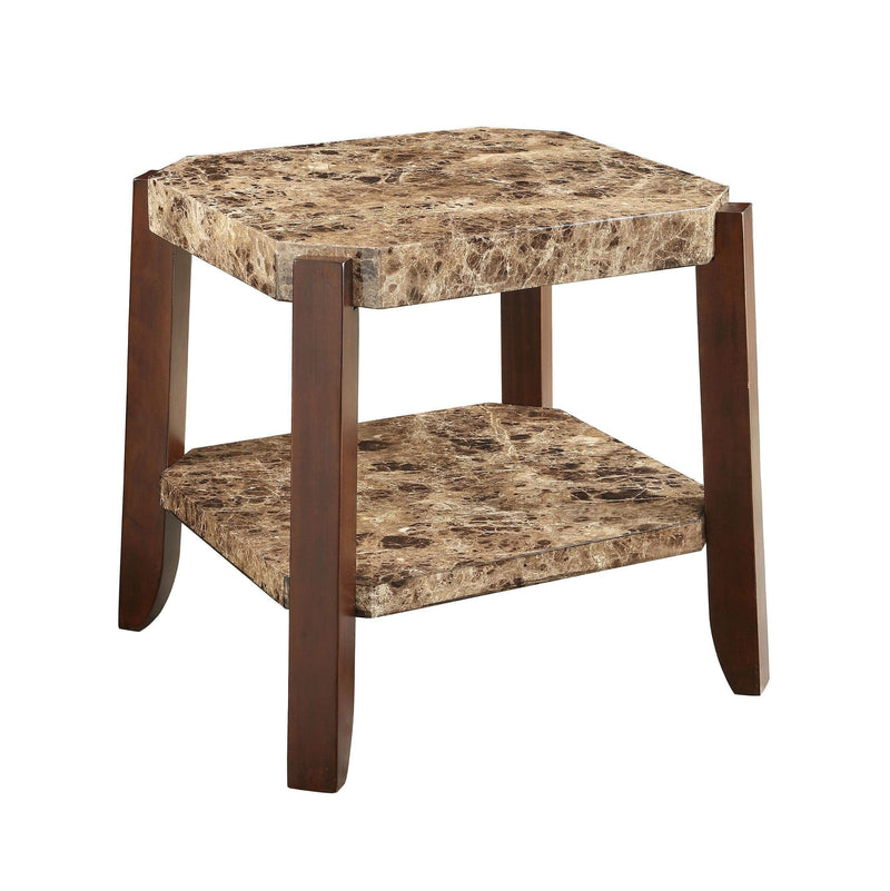 Wooden End Table with Marble Top and Bottom Shelf in Brown