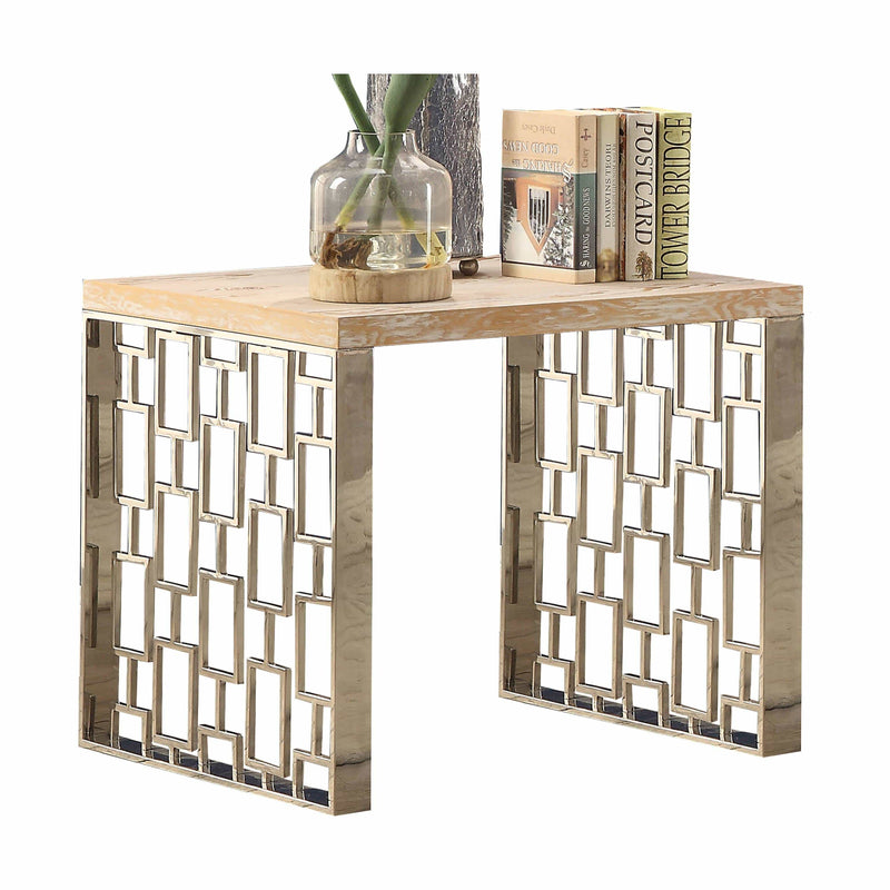 Wooden End Table with Metal Frame in Light Oak Brown and Stainless Steel Finish