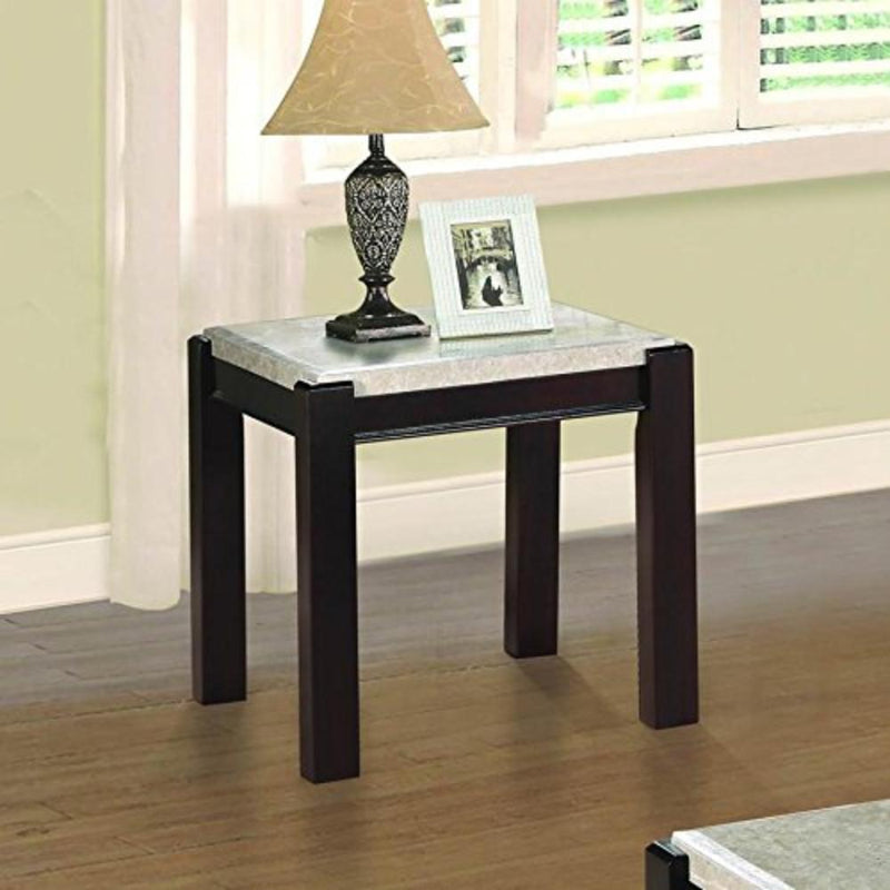 Wooden End Table With Marble Top, Dark Cherry Brown And White