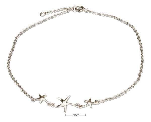 Silver Bracelets Sterling Silver 10"-11" Adjustable Triple Center Starfish Anklet JadeMoghul