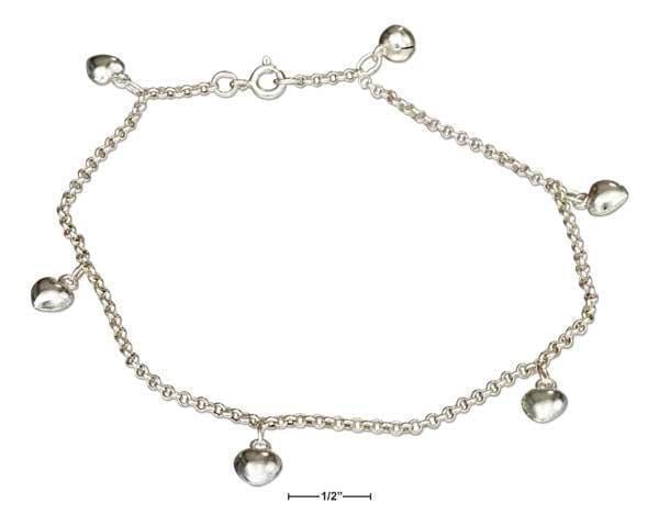 Silver Bracelets Sterling Silver 10" Puffed Heart Dangle Ankle Bracelet With Chime Ball JadeMoghul Inc.