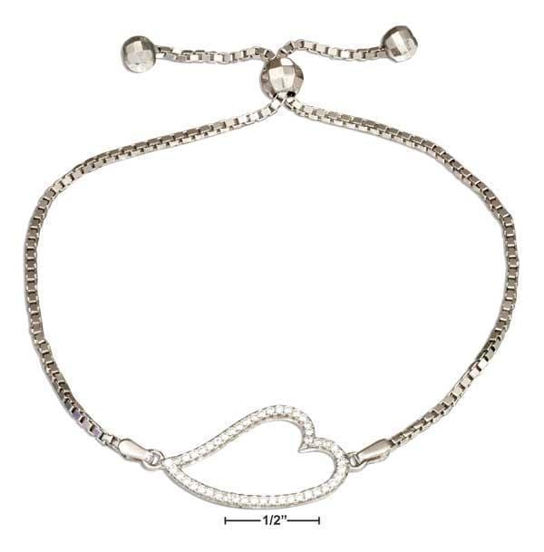 Silver Bracelets Sterling Silver 6"-9" Adjustable Micro Pave Cubic Zirconia Curved Open Heart Bolo Bracelet JadeMoghul Inc.