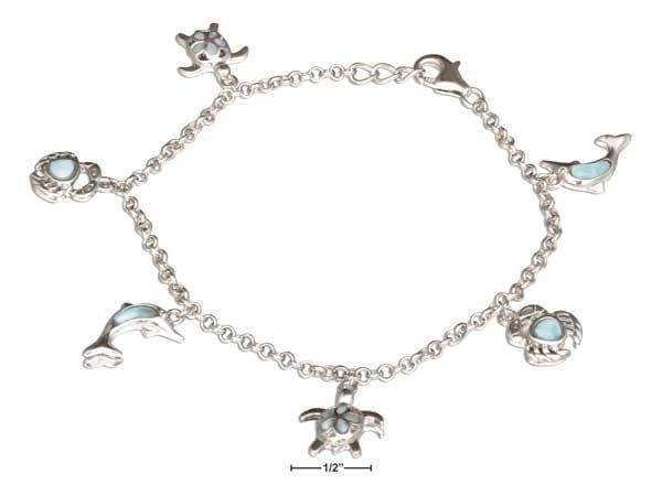 Silver Bracelets Sterling Silver 7.5" Turtle, Crab, And Dolphin Larimar Charm Bracelet JadeMoghul