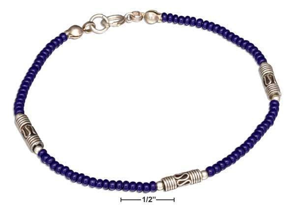 Silver Bracelets Sterling Silver 7" Dark Blue Beaded Bracelet With Bali Spacers JadeMoghul Inc.