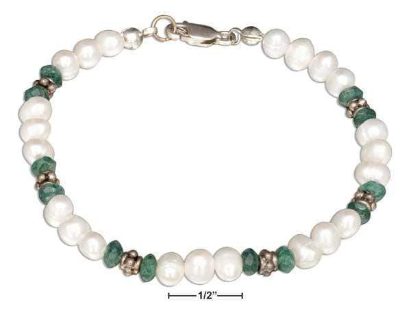 Silver Bracelets Sterling Silver 7" Fresh Water Cultured Pearl Bracelet With Aventurine Accents JadeMoghul Inc.