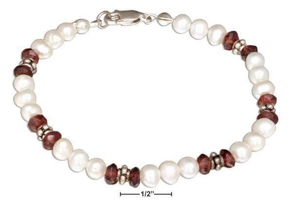 Silver Bracelets Sterling Silver 7" Fresh Water Cultured Pearl Bracelet With Garnet Accents JadeMoghul Inc.