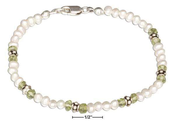 Silver Bracelets Sterling Silver 7" Fresh Water Cultured Pearl Bracelet With Peridot Accents JadeMoghul Inc.