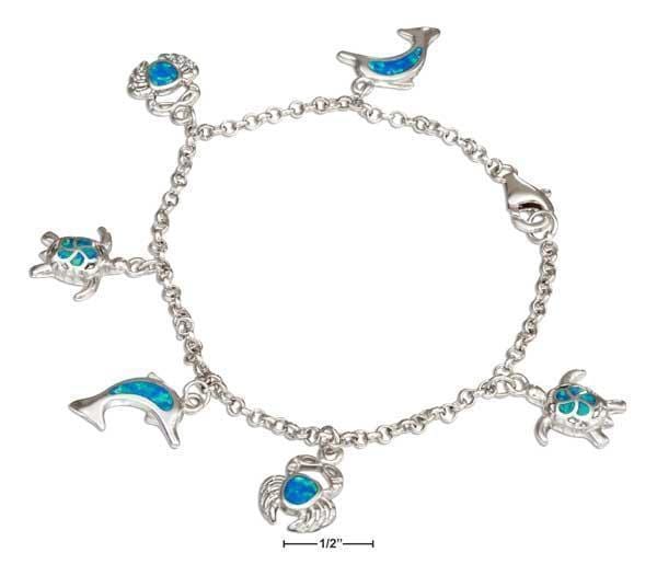 Silver Bracelets Sterling Silver 7" Lab Blue Opal Sea Life Charm Bracelet JadeMoghul