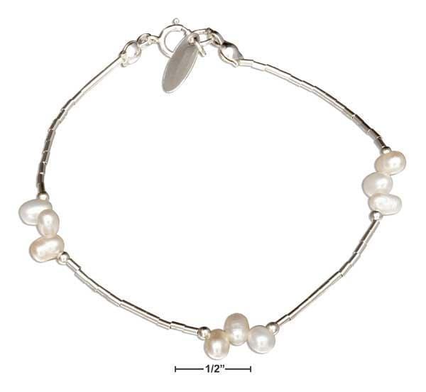 Silver Bracelets Sterling Silver 7" Triple White Freshwater Pearl Clusters On Liquid Silver Bracelet JadeMoghul Inc.