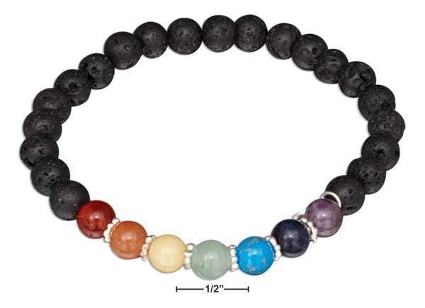 Silver Bracelets Sterling Silver 8" Rainbow Stones Chakra Lava Beads Bracelet JadeMoghul