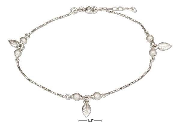 Silver Bracelets Sterling Silver 9"-10" Adjustable Anklet With Stardust Beads And Leaf Dangles JadeMoghul