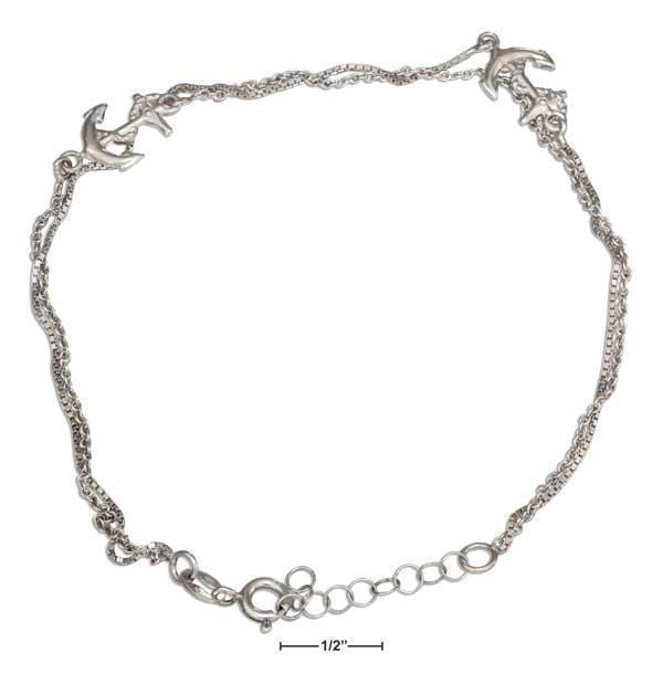 Silver Bracelets Sterling Silver 9"-10" Adjustable Two Strand Anchor Anklet JadeMoghul