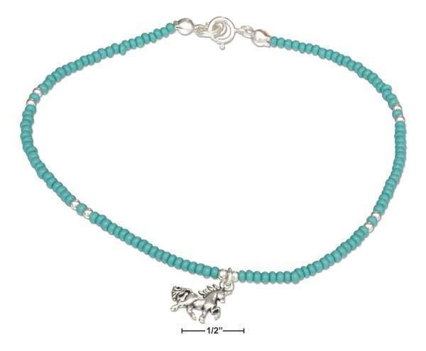 Silver Bracelets Sterling Silver 9" Aqua And Silver Beaded Anklet With Unicorn Dangle JadeMoghul Inc.