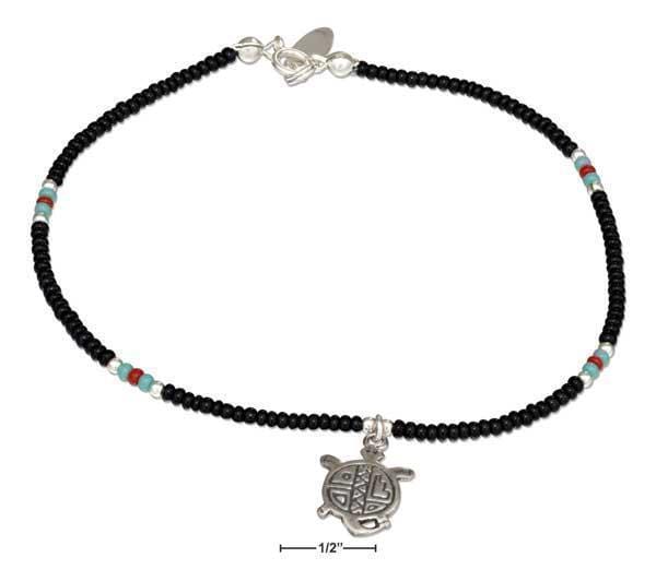 Silver Bracelets Sterling Silver 9" Black And Silver Beaded Anklet With Turtle Dangle JadeMoghul Inc.