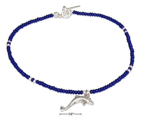 Silver Bracelets Sterling Silver 9" Dark Blue And Silver Beaded Anklet With Dolphin Dangle JadeMoghul Inc.