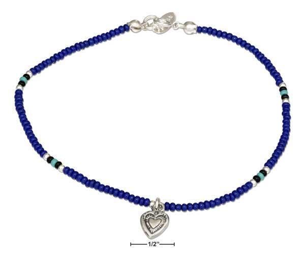 Silver Bracelets Sterling Silver 9" Dark Blue And Silver Beaded Anklet With Heart Dangle JadeMoghul Inc.
