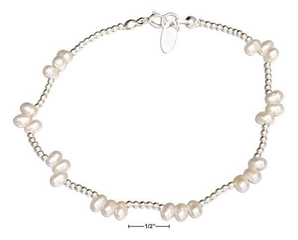 Silver Bracelets Sterling Silver 9" Freshwater Pearl Cluster On 2MM Bead Chain Anklet JadeMoghul Inc.