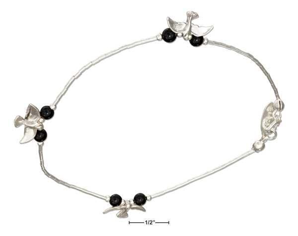 Silver Bracelets Sterling Silver 9" Liquid Silver And Black Onyx Anklet With Bird Charms JadeMoghul Inc.