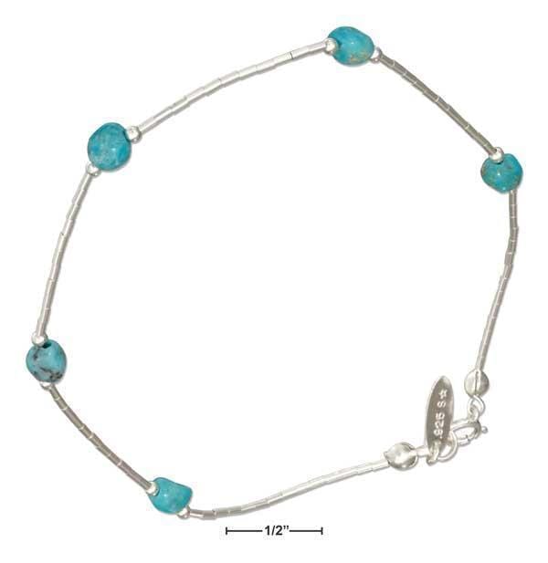 Silver Bracelets Sterling Silver 9" Liquid Silver And Simulated Turquoise Nugget Anklet JadeMoghul Inc.
