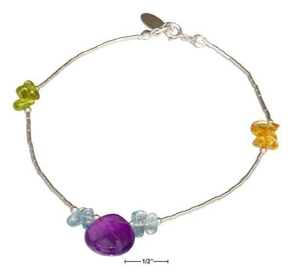 Silver Bracelets Sterling Silver 9" Peridot, Citrine, Blue Topaz And Amethyst Liquid Silver Anklet JadeMoghul Inc.