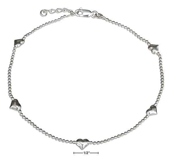 Silver Bracelets Sterling Silver Bracelet:  10"-11" Adjustable Bead Chain And Puffed Heart Anklet JadeMoghul