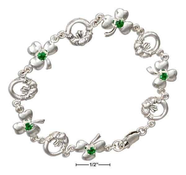 Silver Bracelets Sterling Silver Bracelet:  7" Claddagh And Shamrock Bracelet With Green Glass JadeMoghul