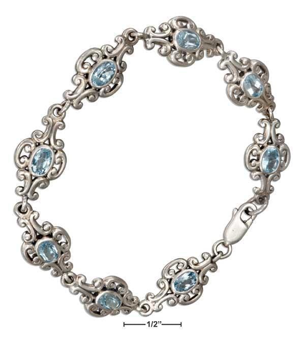 Silver Bracelets Sterling Silver Bracelet:  7" Continuous Scrolled Link Oval Blue Topaz Bracelet JadeMoghul