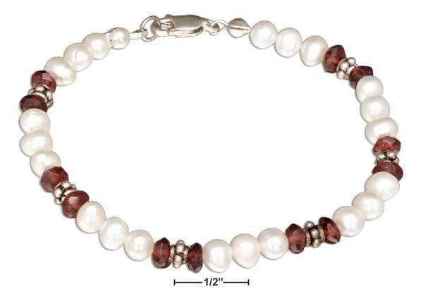 Silver Bracelets Sterling Silver Bracelet:  7" Freshwater Cultured Pearl Bracelet With Garnet Accents JadeMoghul Inc.