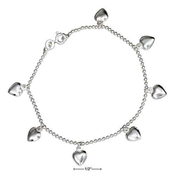 Silver Bracelets Sterling Silver Bracelet:  7" Puffed Heart Charm Bracelet On Bead Chain JadeMoghul