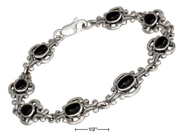 Silver Bracelets Sterling Silver Bracelet:  7" Scrolled Link Oval Reconstituted Onyx Bracelet JadeMoghul