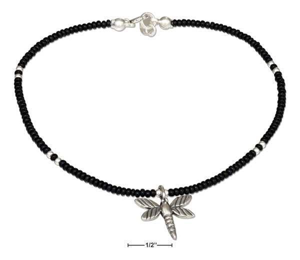 Silver Bracelets Sterling Silver Bracelet:  9" Black And Silver Beaded Anklet With Dragonfly Dangle JadeMoghul Inc.