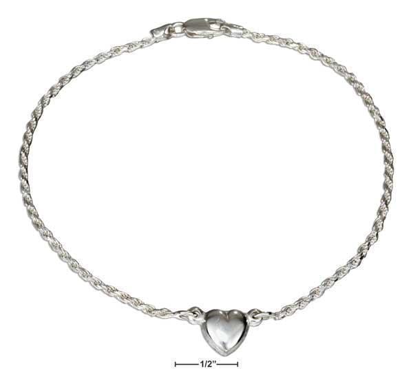 Silver Bracelets Sterling Silver Bracelet:  9" Italian 2mm Rope Chain With Heart Anklet JadeMoghul