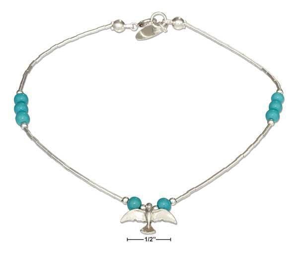Silver Bracelets Sterling Silver Bracelet:  9" Liquid Silver And Simulated Turquoise Anklet With Bird Charm JadeMoghul Inc.