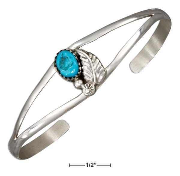 Silver Bracelets Sterling Silver Leaf And Stabilized Turquoise Stone Open Wire Cuff Bracelet JadeMoghul Inc.