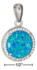 Silver Charms & Pendants Sterling Silver 15mm Round Synthetic Blue Opal Pendant With Micro Pave Cubic Zirconia Halo JadeMoghul