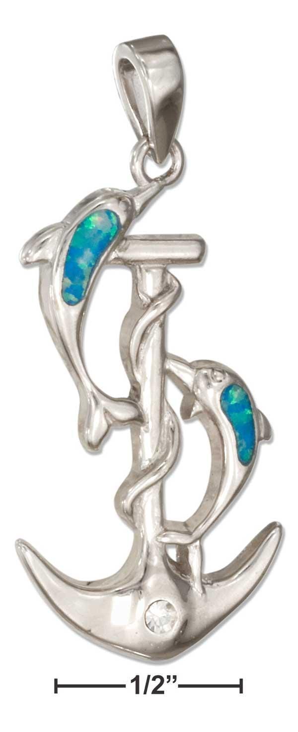 Silver Charms & Pendants Sterling Silver Anchor And Dolphins Pendant With Synthetic Blue Opal JadeMoghul Inc.