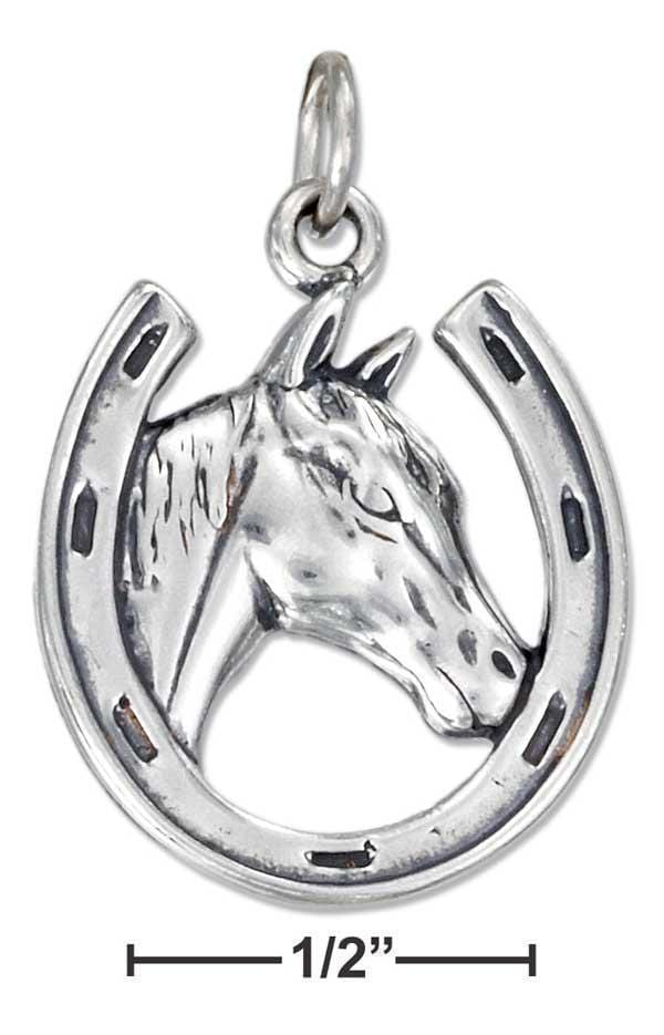 Silver Charms & Pendants Sterling Silver Antiqued Horse Head In Horseshoe Charm JadeMoghul Inc.