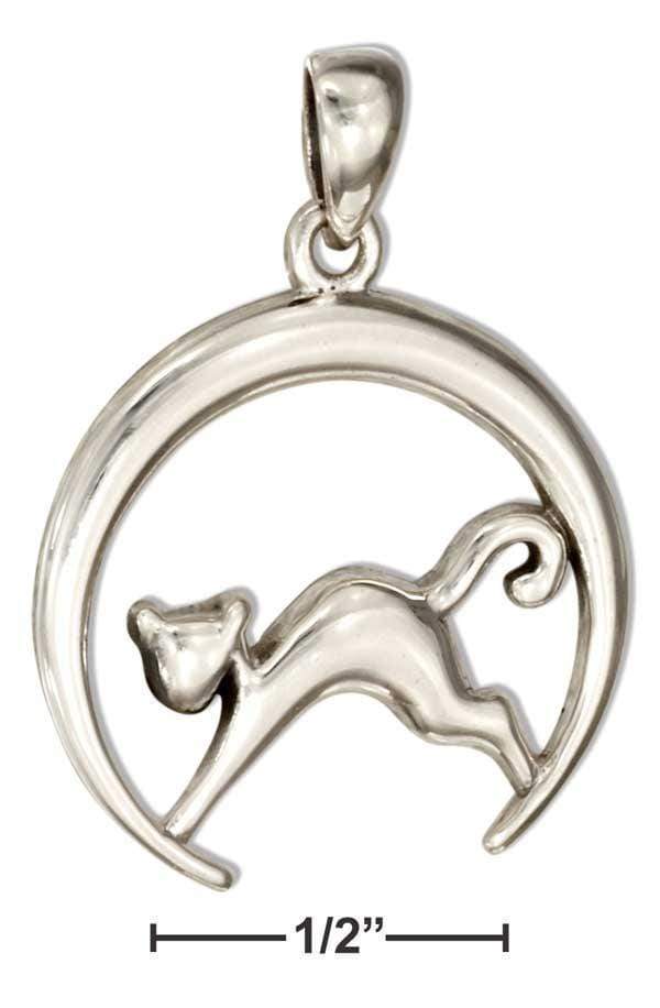 Silver Charms & Pendants Sterling Silver Cat In Crescent Moon Pendant JadeMoghul Inc.