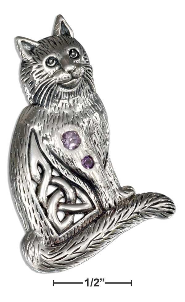 Silver Charms & Pendants Sterling Silver Charm:  Celtic Cat Pendant With Two Round Amethyst Stones JadeMoghul