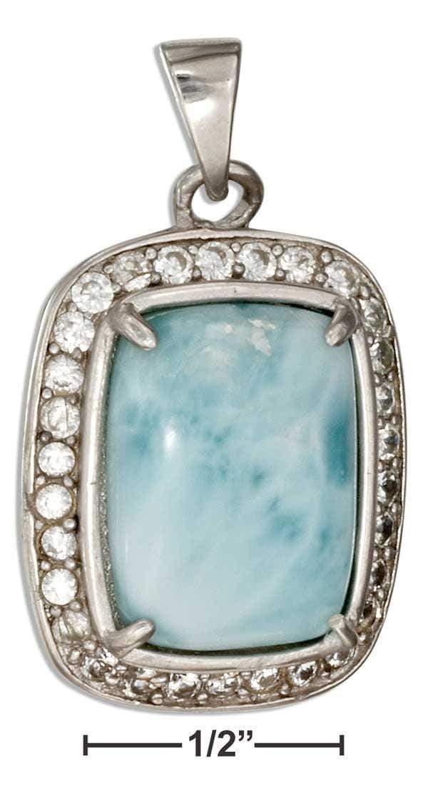 Sterling Silver Charm:  Cushion Shape Larimar Pendant With Pave Cubic Zirconia Frame