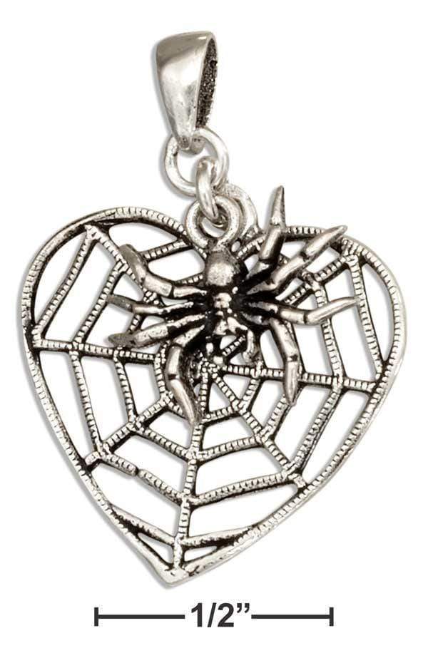 Silver Charms & Pendants Sterling Silver Charm:  Heart Shape Spider Web Pendant With Spider Dangle JadeMoghul Inc.