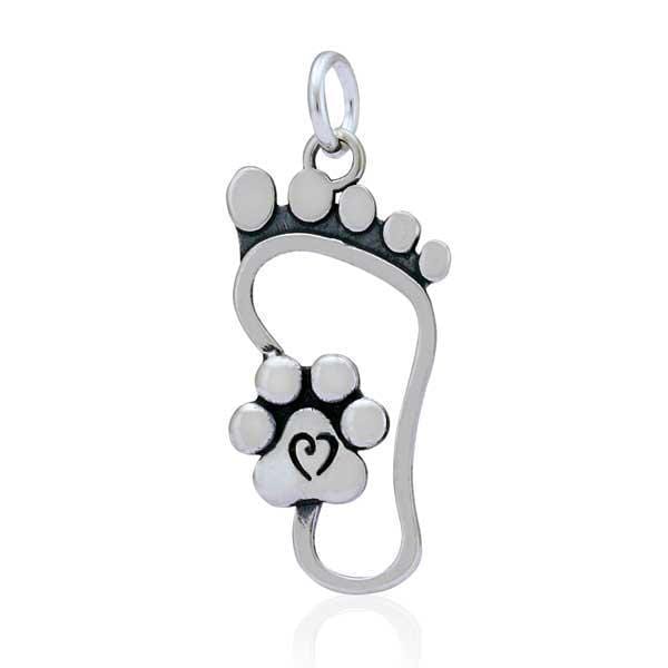 Silver Charms & Pendants Sterling Silver Charm:  I Will Never Walk Alone Foot Print Paw Print Heart Pendant JadeMoghul Inc.