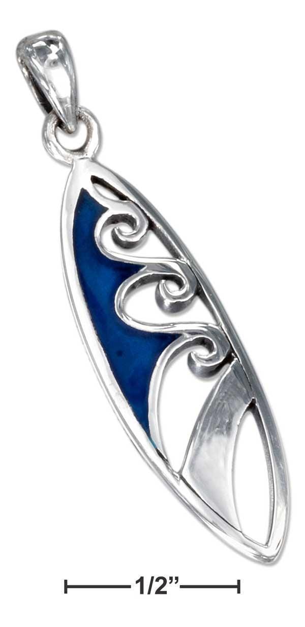 Silver Charms & Pendants Sterling Silver Charm:  Outlined Surfboard & Wave Inlay Design (1.5") JadeMoghul