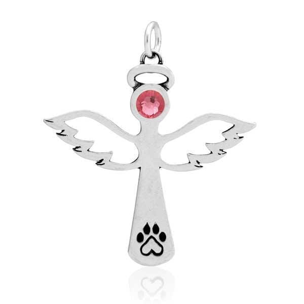 Silver Charms & Pendants Sterling Silver Charm: Touched By An Angel Paw Print Heart Pendant Pink Crystal JadeMoghul