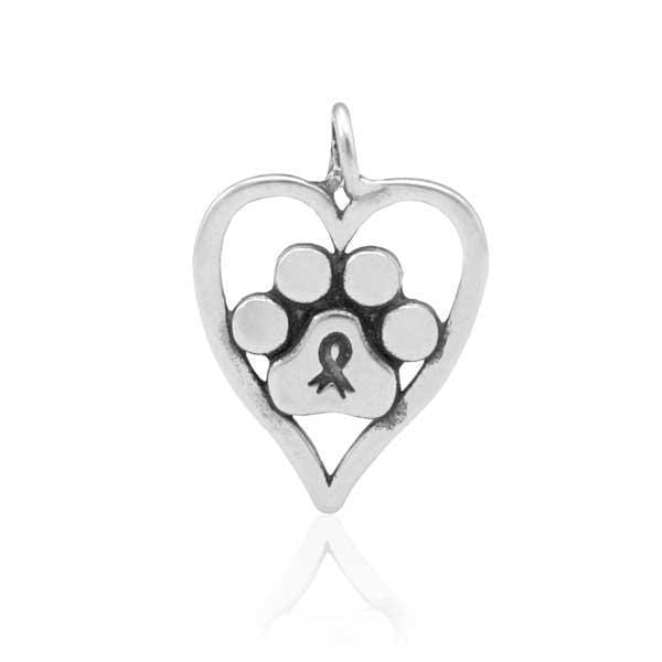 Silver Charms & Pendants Sterling Silver Forever Paw Print Cancer Awareness Ribbon Heart Paw Print Pendant JadeMoghul